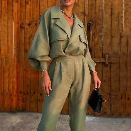 Two Piece Lapel V Neck Long Sleeve Blouse Top And Loose Pants Set