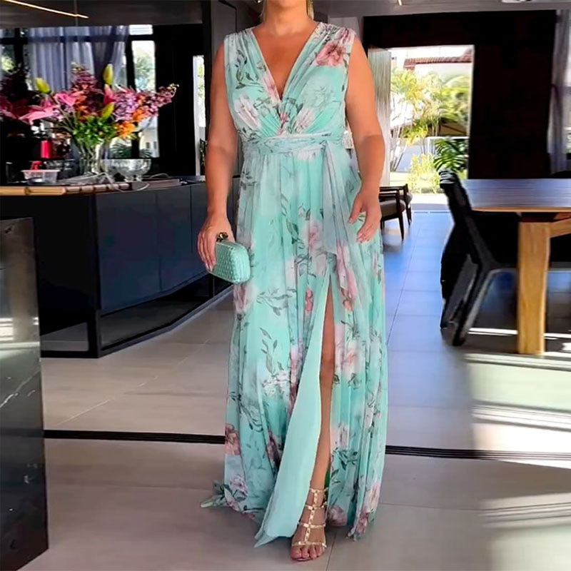 Sleeveless Floral Print Deep V Maxi Dress