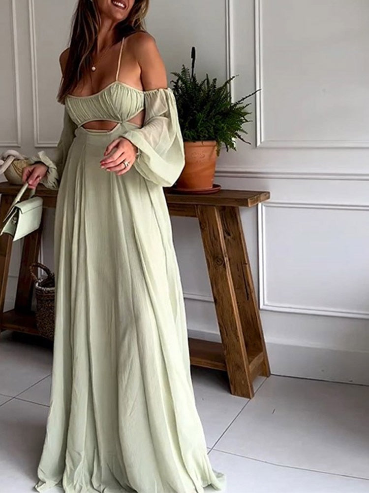 Elegant Long Sleeves A-line Robe Hollow Maxi Dress