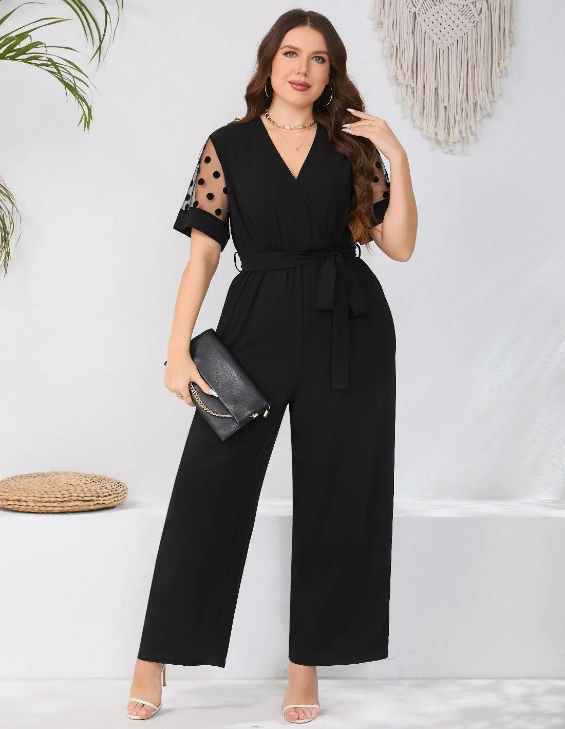 Mesh Sleeve Belted V-neck High Waist Jumpsuit