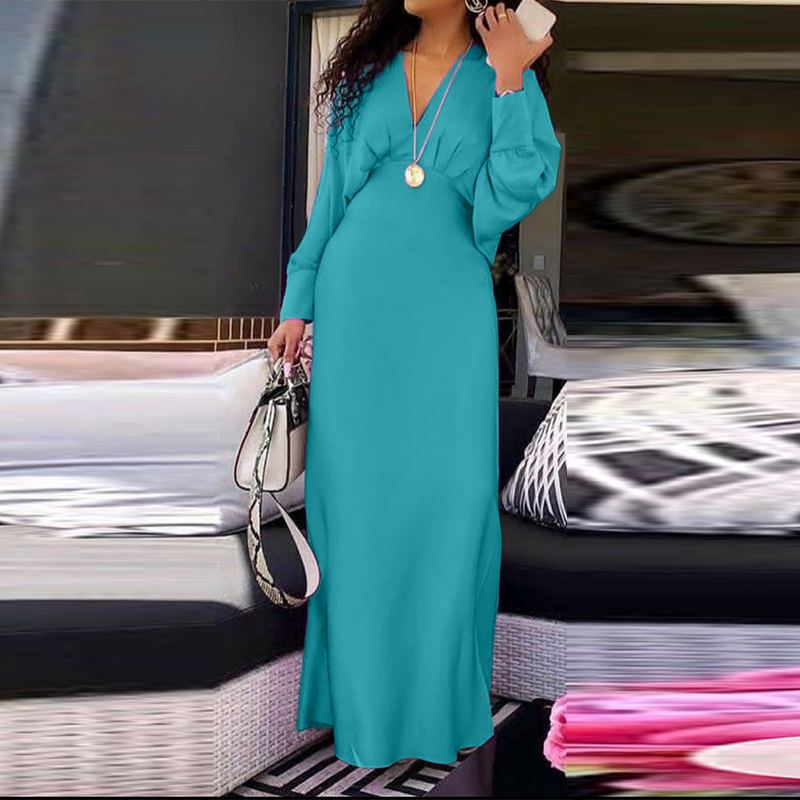 V Neck Lantern Sleeve Maxi Dress