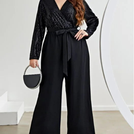 Lace-up V-neck Sequin  Jumpsuit