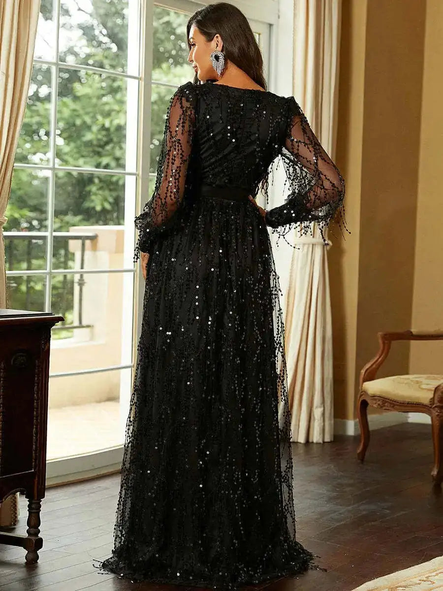 Sequin Mesh Long Sleeve High Slit Maxi Evening Dress