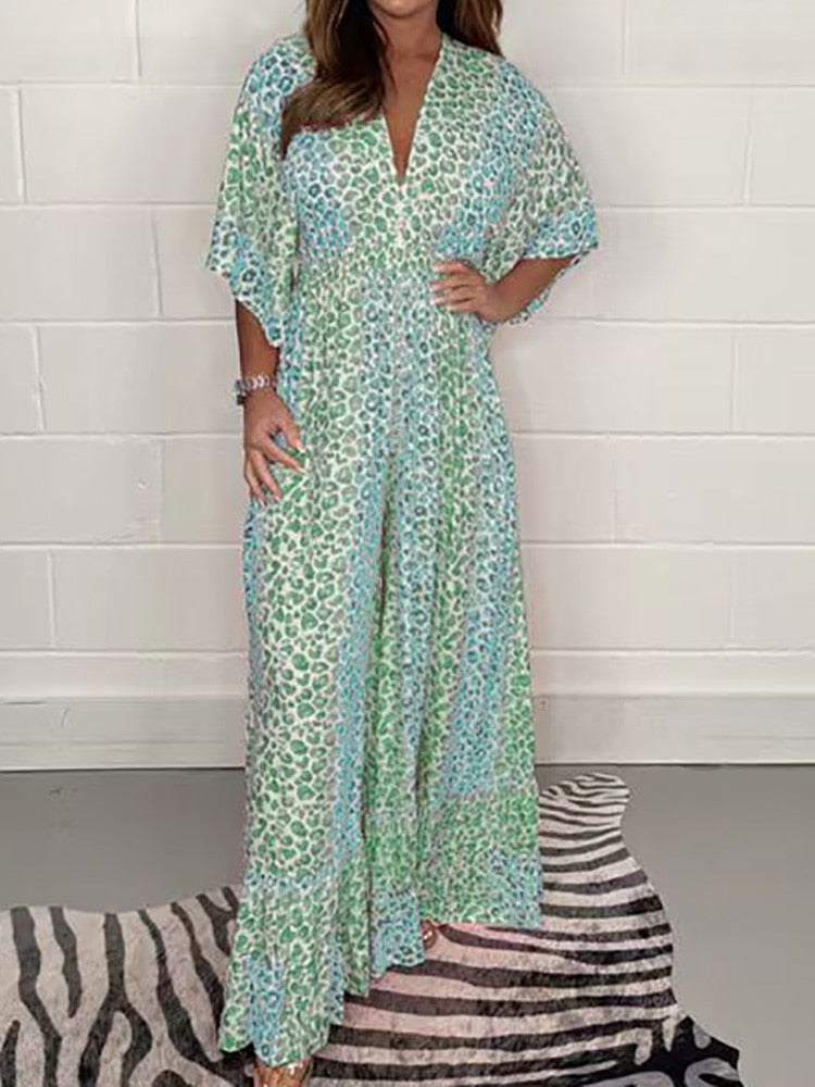 Bohemian Print V Neck Mid Waist Full Length Wide Leg Pant Jumpsuit