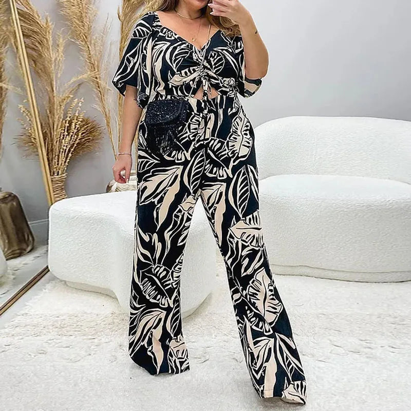 V Neck Hollow Out Ruched Drawstring Wide-leg Jumpsuit