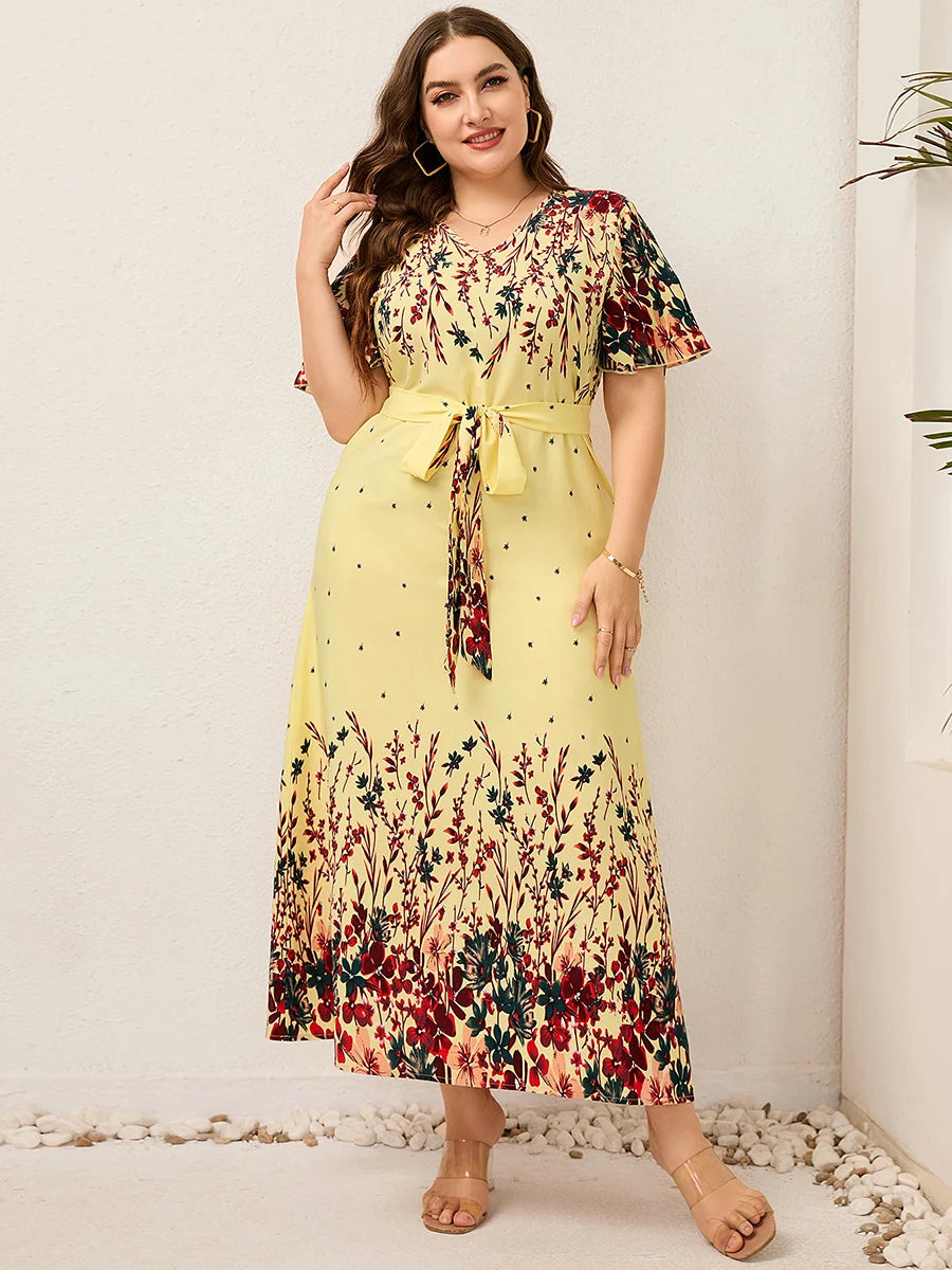 V Neck Short Sleeve Floral Print Boho Maxi Dress