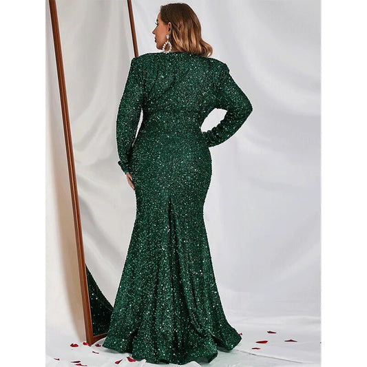 Deep V Neck Long Sleeve Sequined Evening Gown