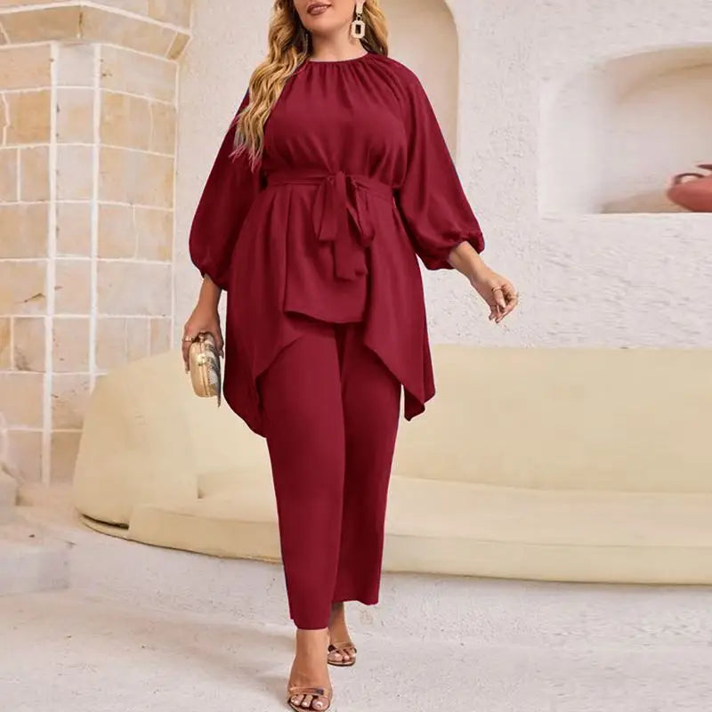 Asymmetrical Belted Blouse And Elastic Waist Wide Leg Pants Set