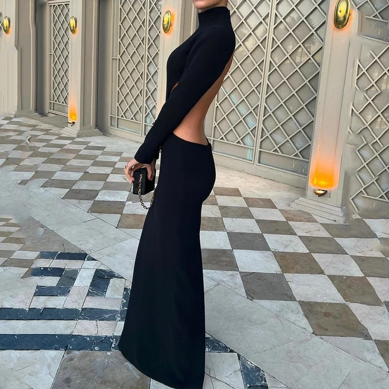 Long Sleeve Round Neck Hollow Out Backless Nipped Waist Evening Dress