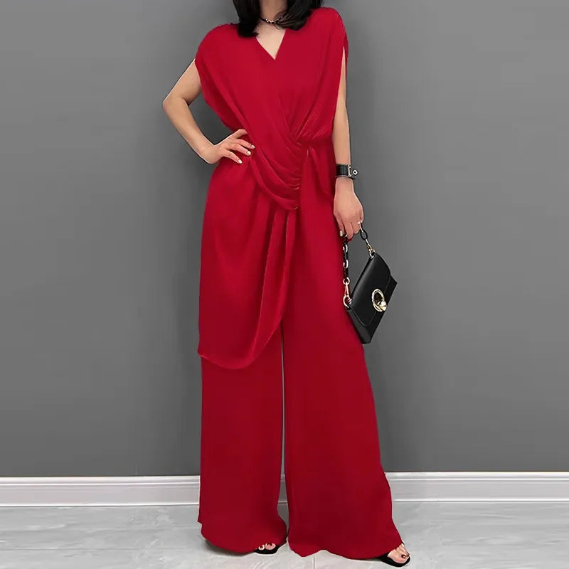 V Neck Elegant Loose Wide Leg Elastic Waist Jumpsuit