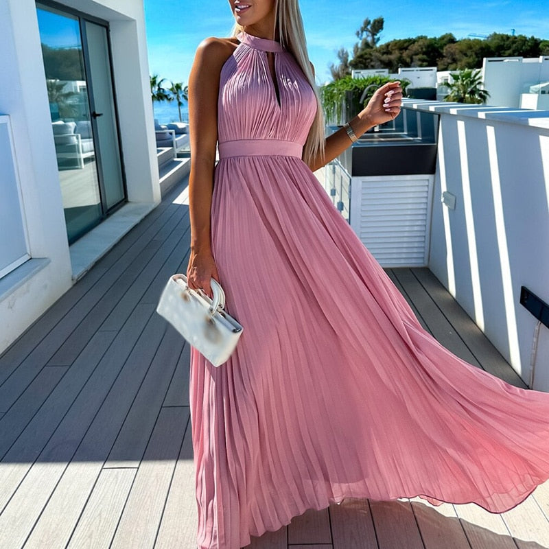 Elegant Hanging Neck Loose Hem Long Dress