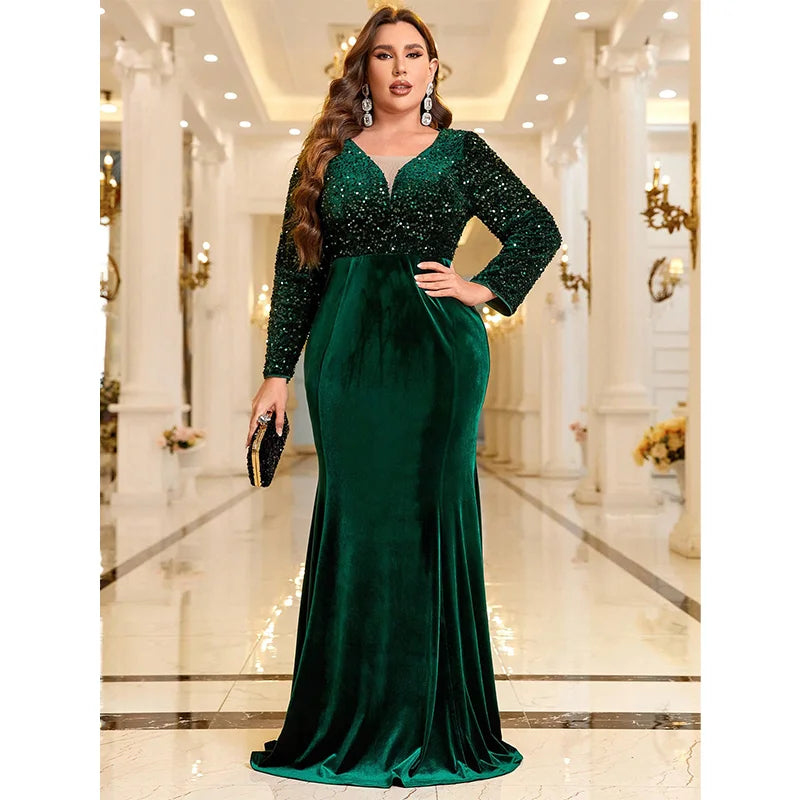 Velvet Sequin V-Neck Long Sleeve Dress