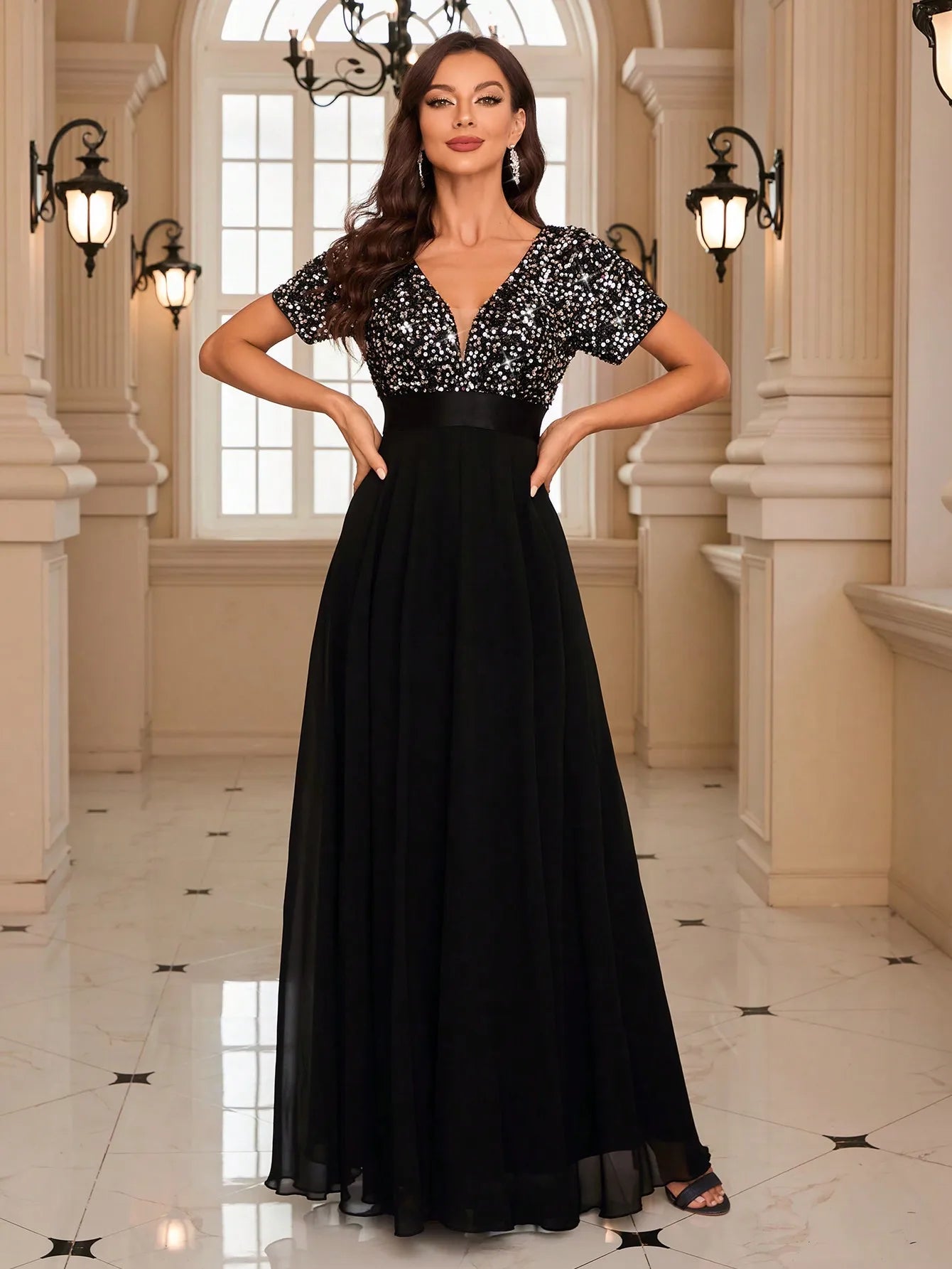 Elegant Contrast Sequin Chiffon Formal Dress