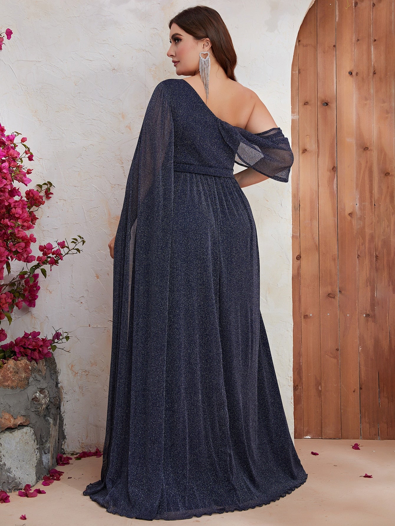 Asymmetrical Neck Shawl Sleeve Glitter Evening Dress