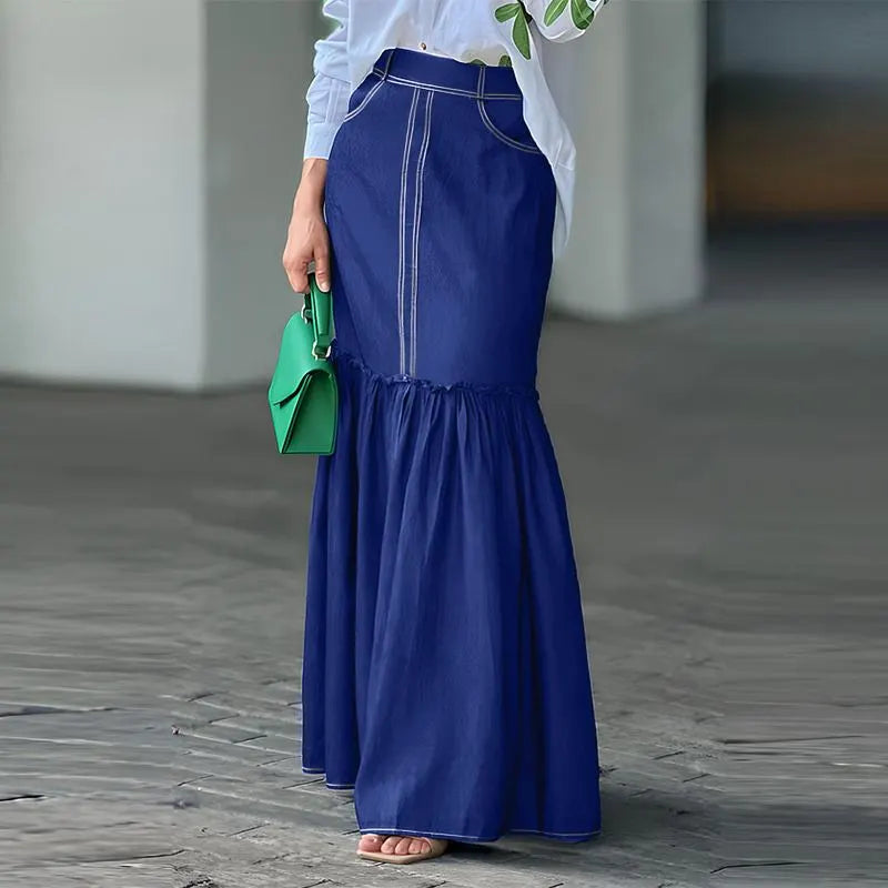 Vintage Denim High Waisted Fishtail Wrap Maxi Pleating Skirt