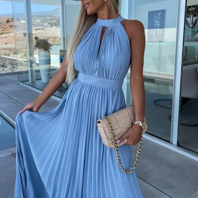 Elegant Hanging Neck Loose Hem Long Dress