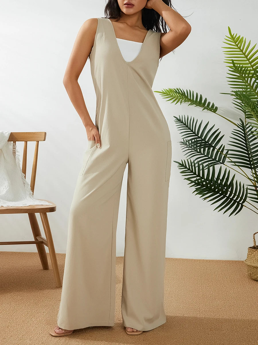 Deep V Neck Wide Leg Jumpsuit with Pockets