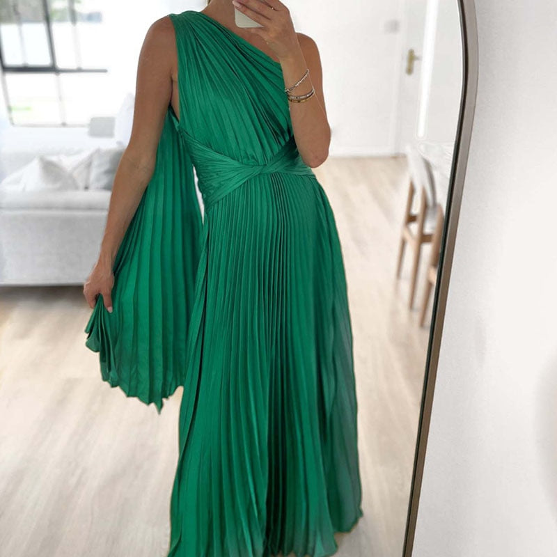 Off Shoulder Banquet Oblique Collar Pleated Maxi Dress