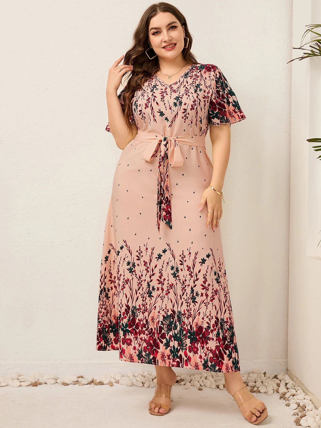 V Neck Short Sleeve Floral Print Boho Maxi Dress