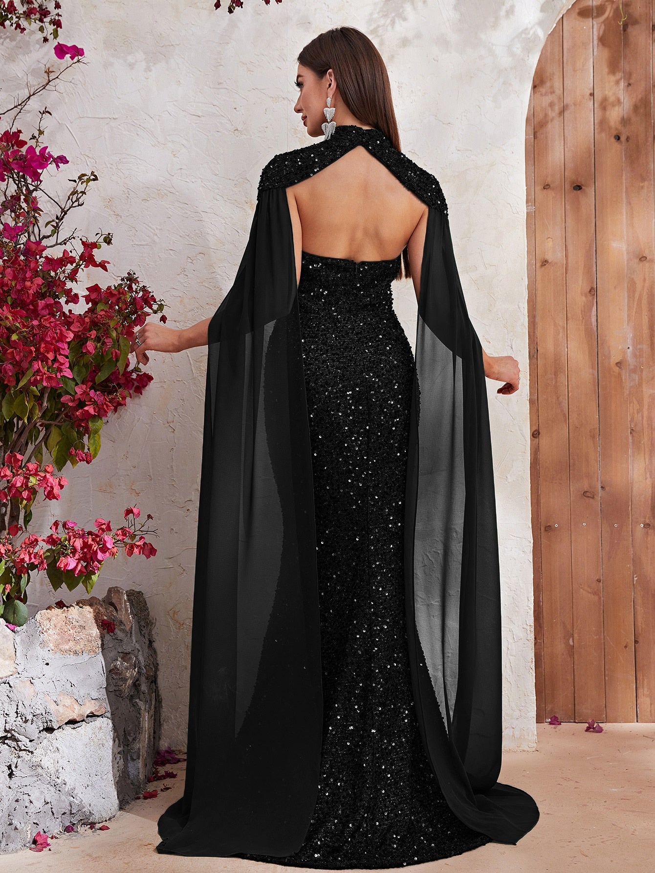 Shawl Sleeve Mock Neck Sequin Evening Dress