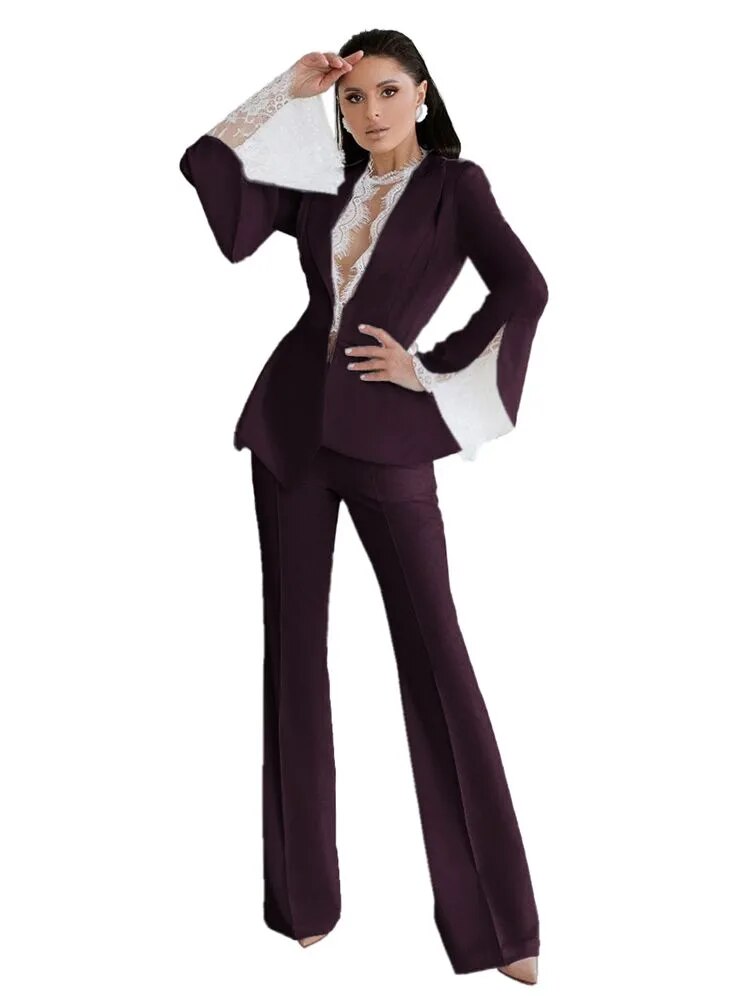 Lace Long Sleeve Jacket Blazer And Casual Wide Leg Trousers Set