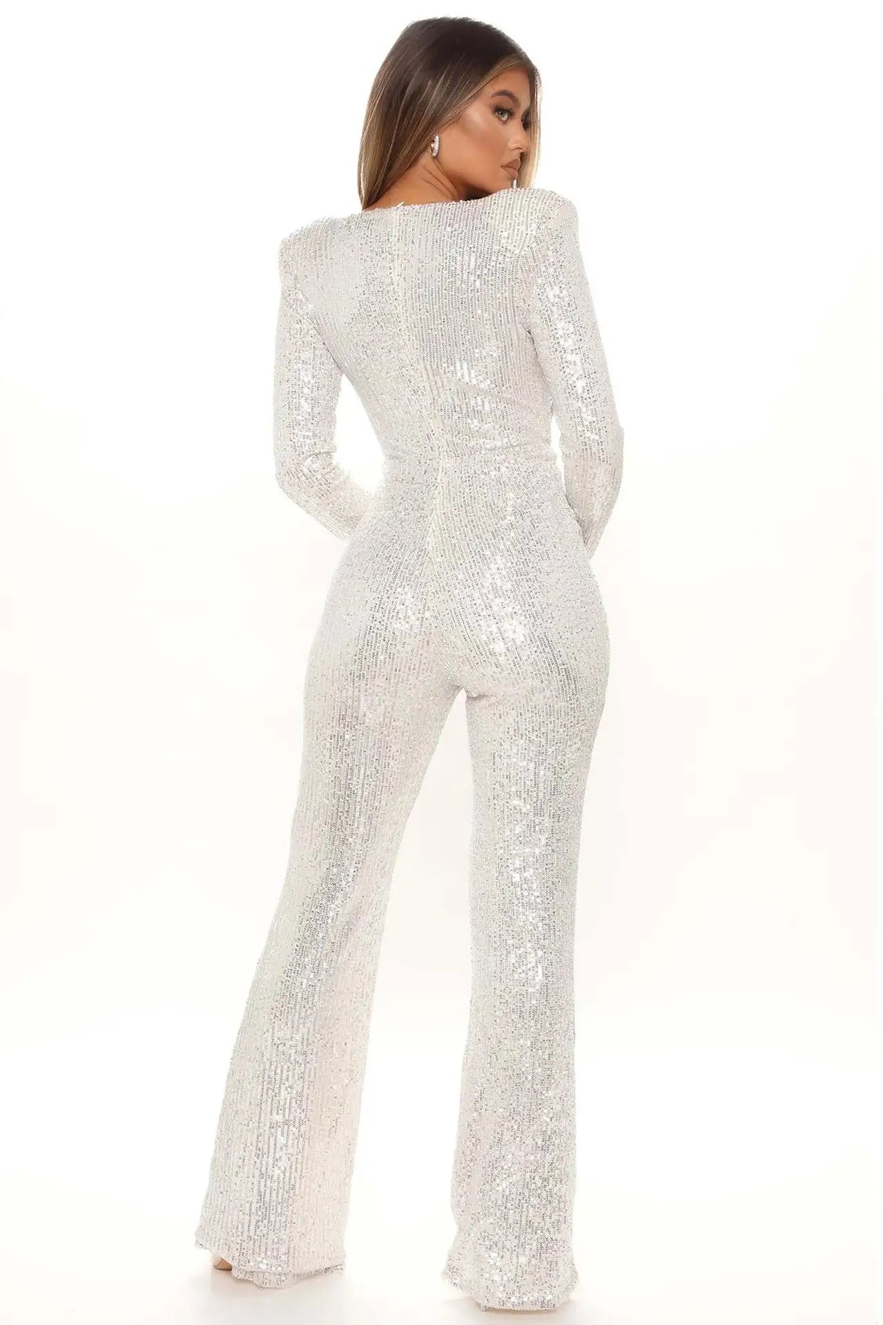 Sequined Deep V-Neck Full Sleeve High Waist Boot Cut Jumpsuit