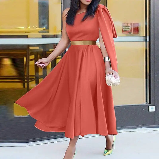 Off Shoulder Satin Belted Sleeveless Dress