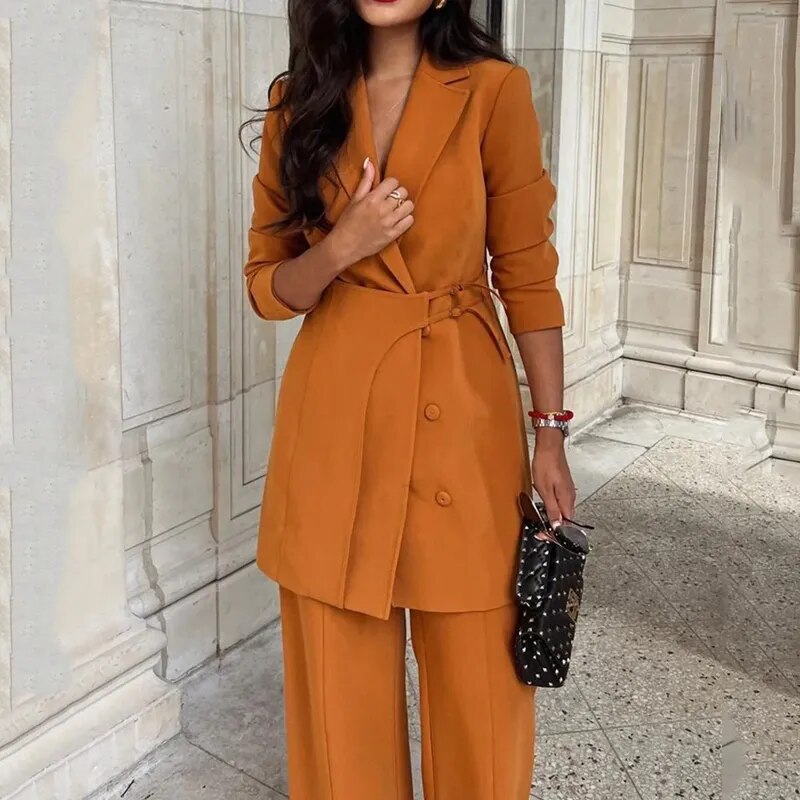 Two Piece Lapel Long Sleeve Blazer With Pockets And Wideleg Pants Sets