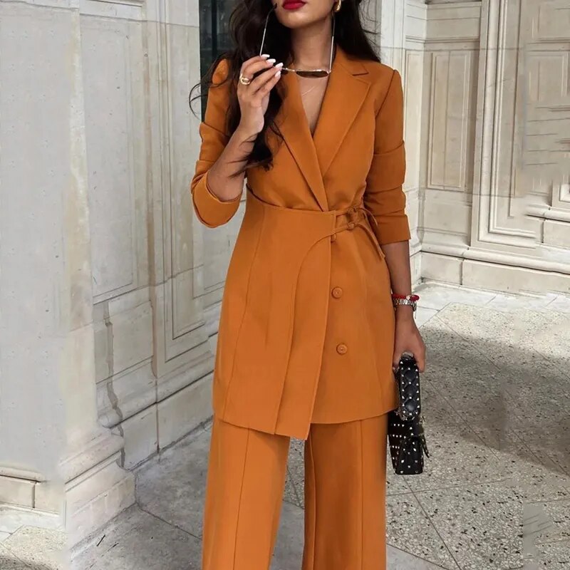 Two Piece Lapel Long Sleeve Blazer With Pockets And Wideleg Pants Sets