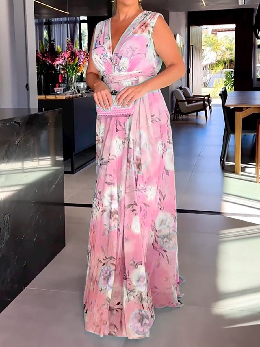 Sleeveless Floral Print Deep V Maxi Dress