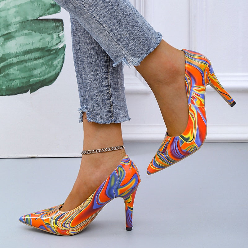 Graffiti Shallow Mouth Pointed High Heels Shoes