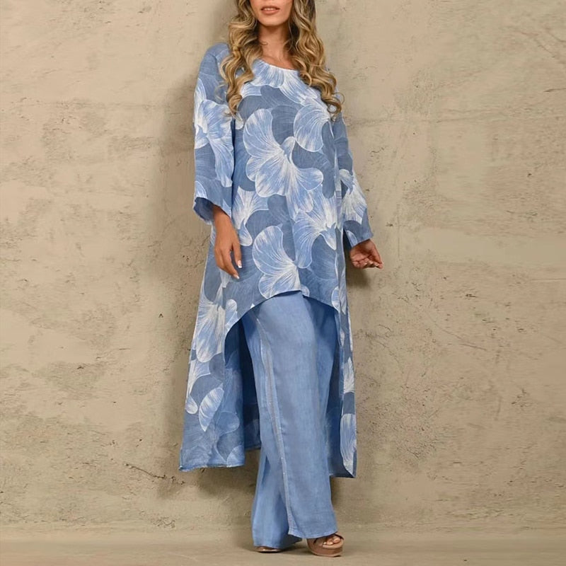 Two-piece Vintage Printed Irregular Top & Wideleg Pants Set