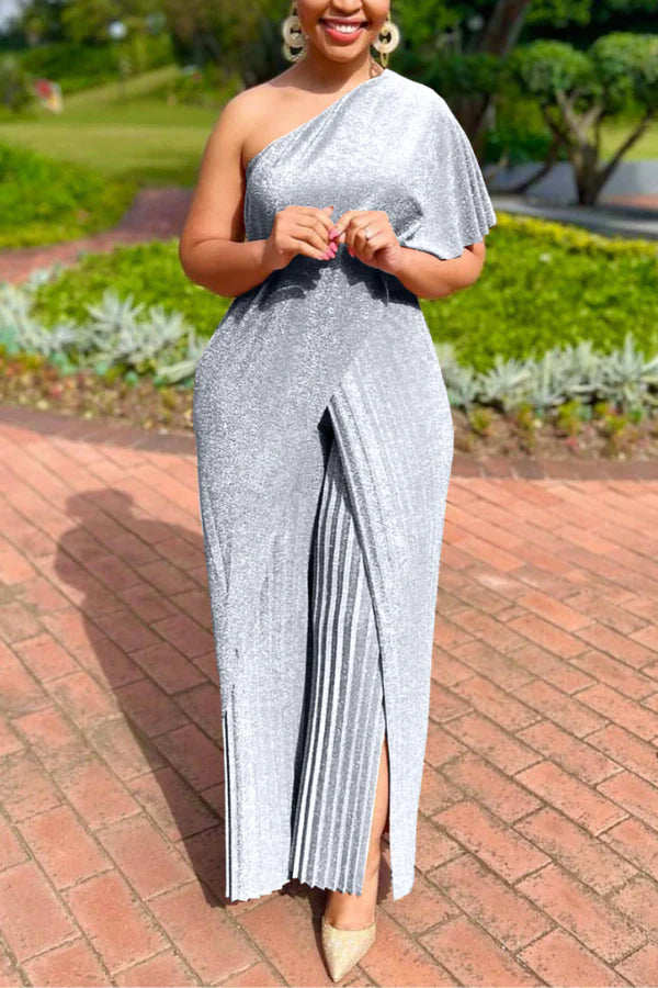 Elegant Pleated One Shoulder Wide Leg Pants Jumpsuit