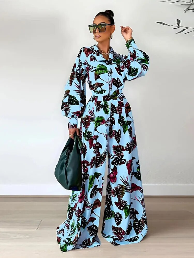 Leaf Print Elastic Waist Wide-leg Pants Casual Two Piece Sets