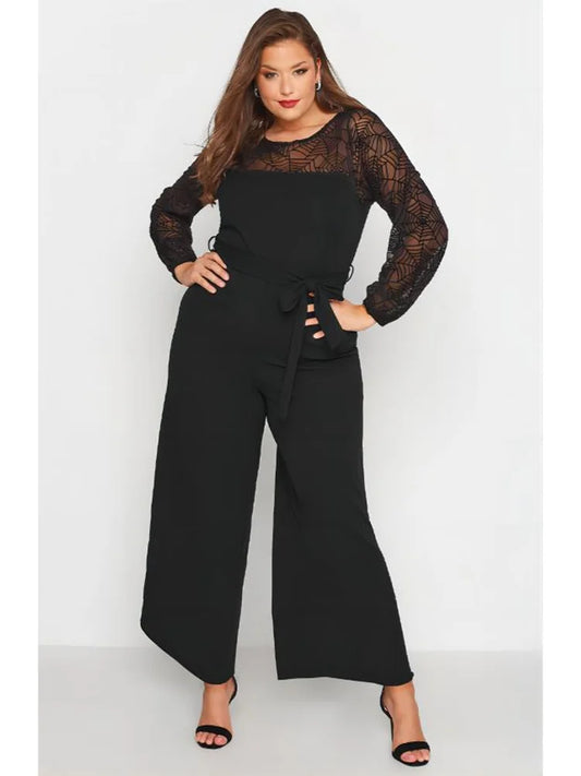 O-Neck Long Sleeve Lace Up Wide Leg Jumpsuit