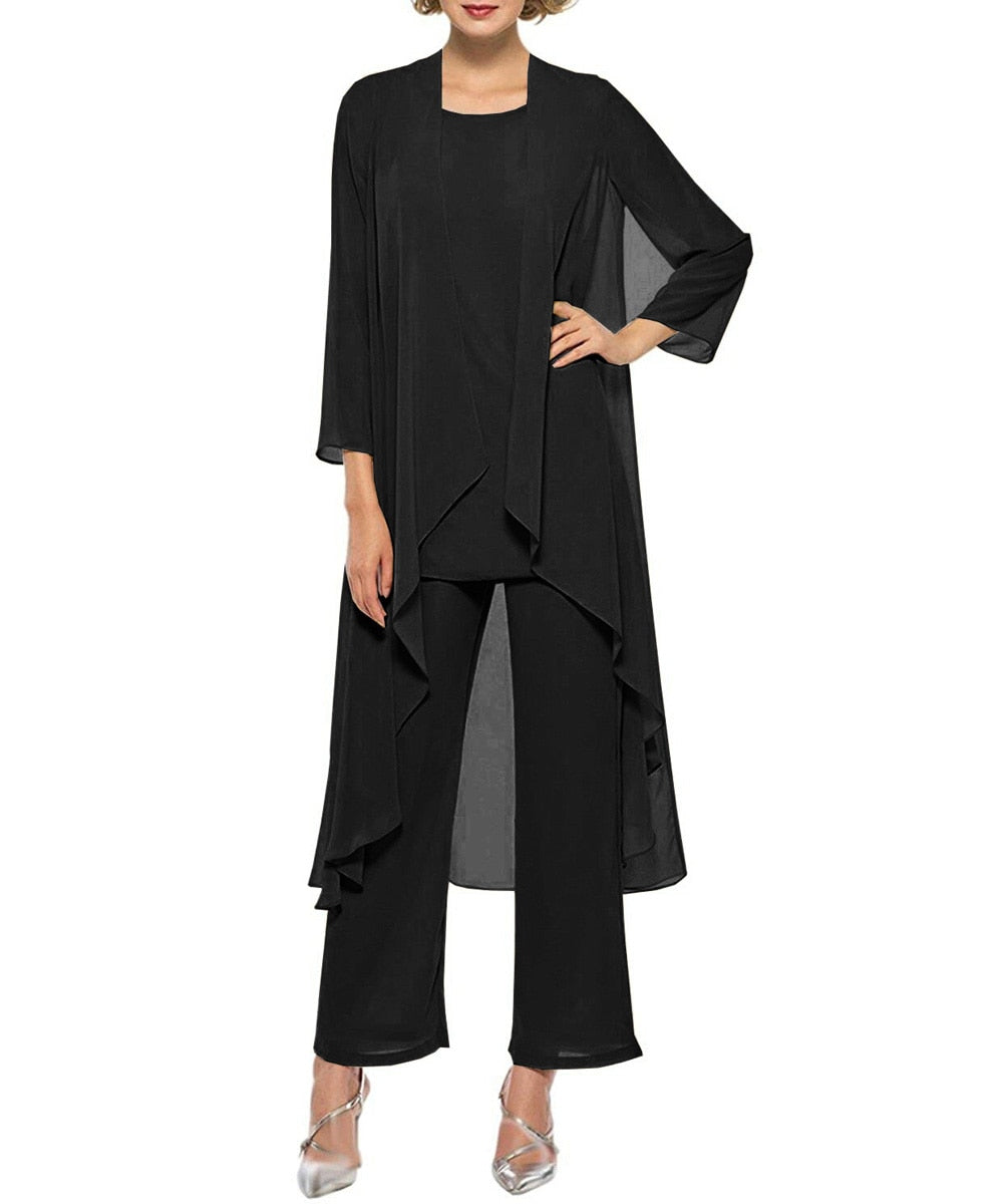 Chiffon Pleated Three Piece Blazer Blouse and Pants Dress Suit