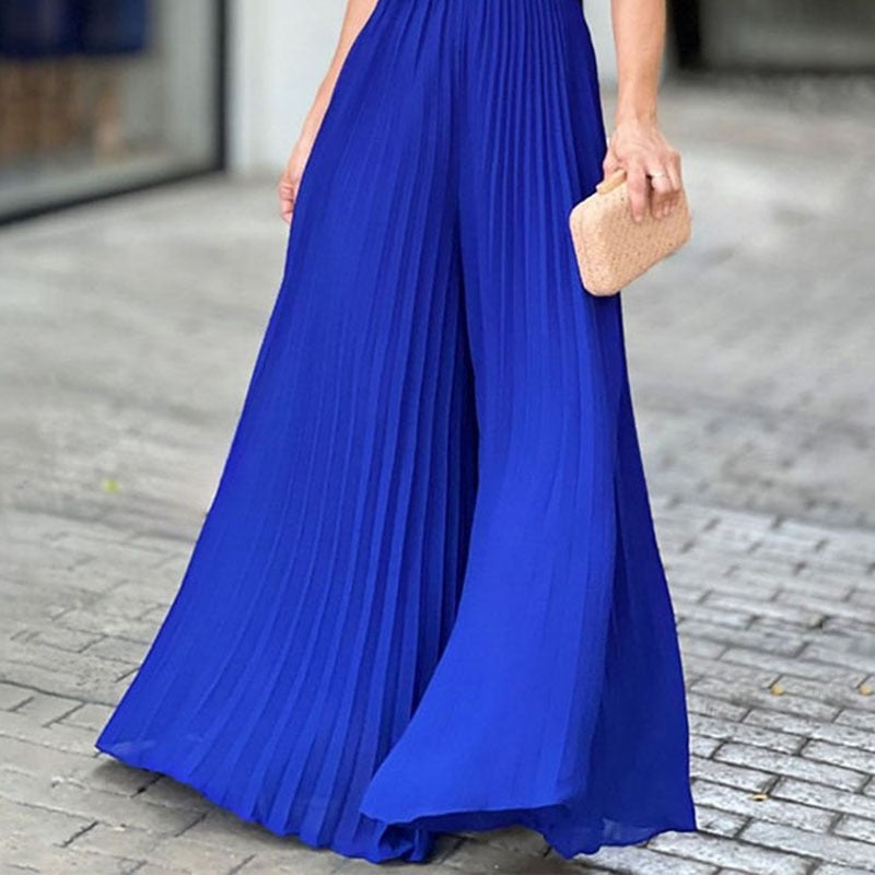 V Neck Sleeveless Nipped Waist Pleated Wide Leg Jumpsuit