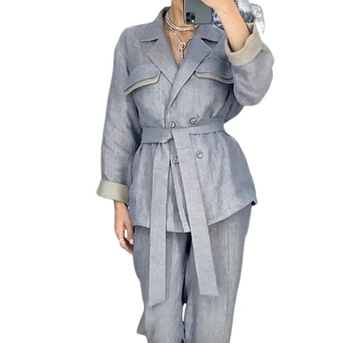 Two Piece Lapel Lace-Up Coat and High-Waisted Straight-Leg Cropped Pants Set