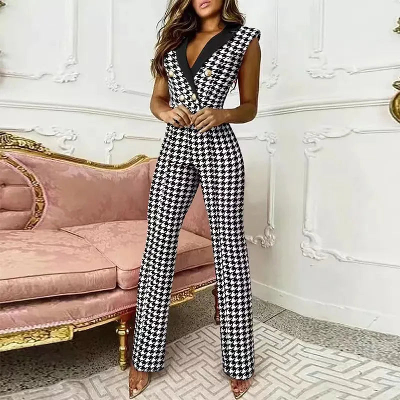 V-neck Sleeveless Plover Straight Leg Jumpsuit