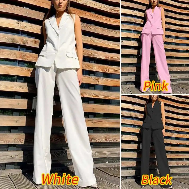 Two Piece Vest And Elastic Waist Wideleg Trouser Set