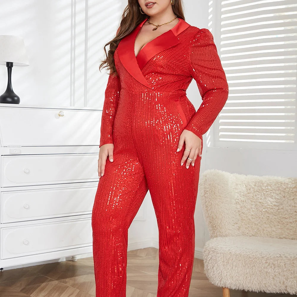 Sequins Lapel Long Sleeve Jumpsuit