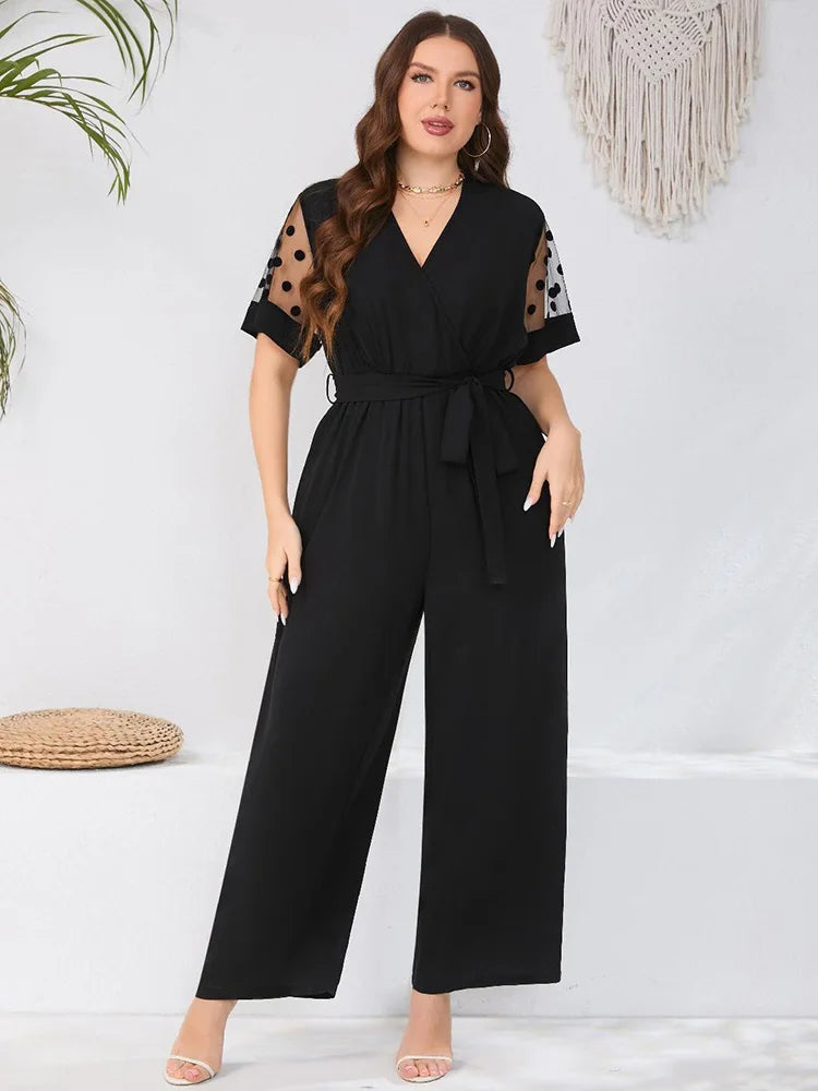 Mesh Sleeve Belted V-neck High Waist Jumpsuit