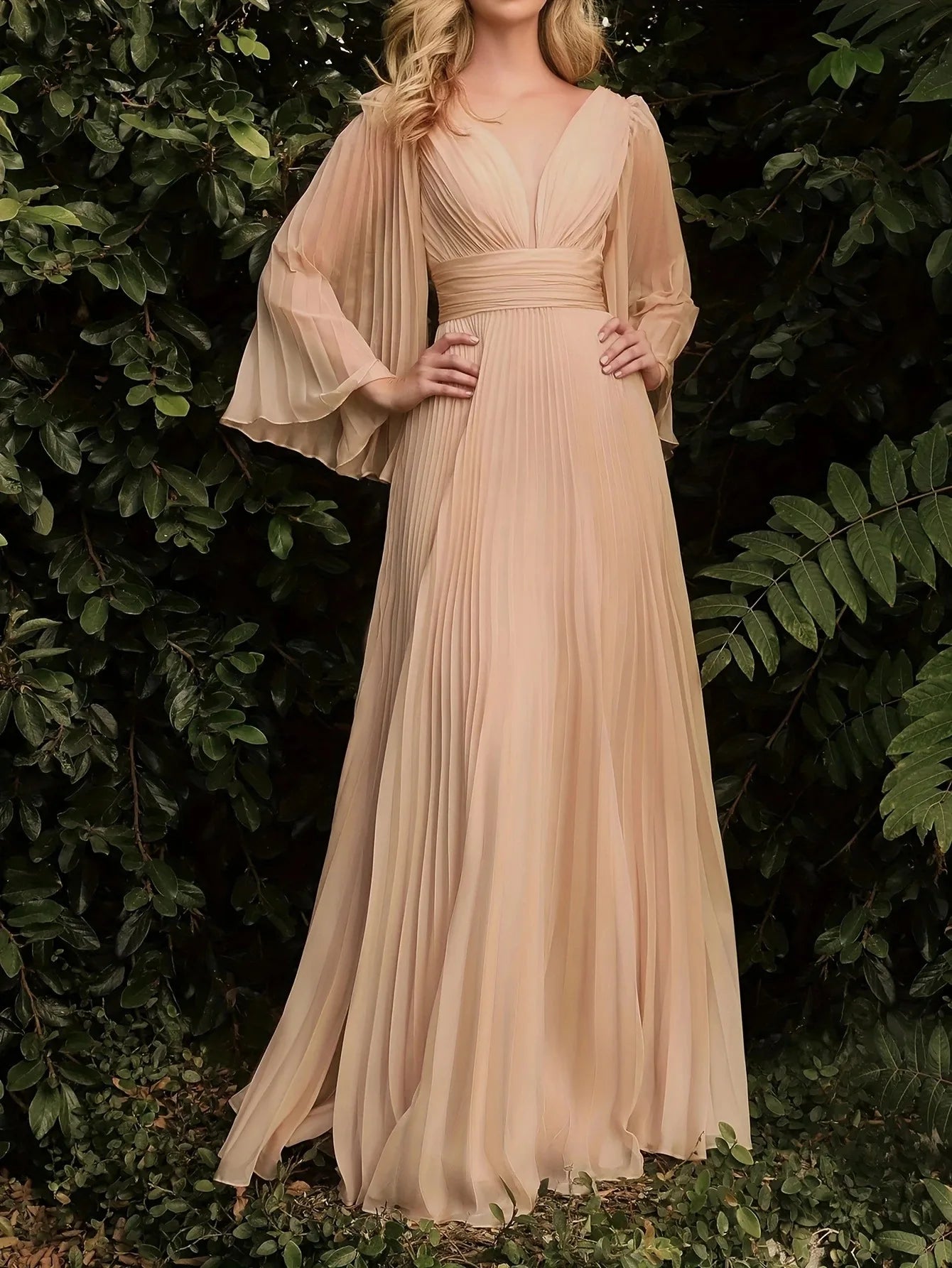 V-Neck Elegant Pleated Evening Dress