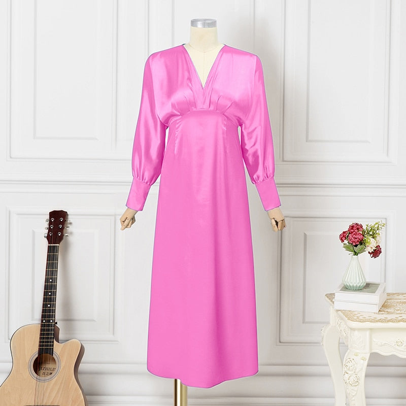 V Neck Lantern Sleeve Maxi Dress