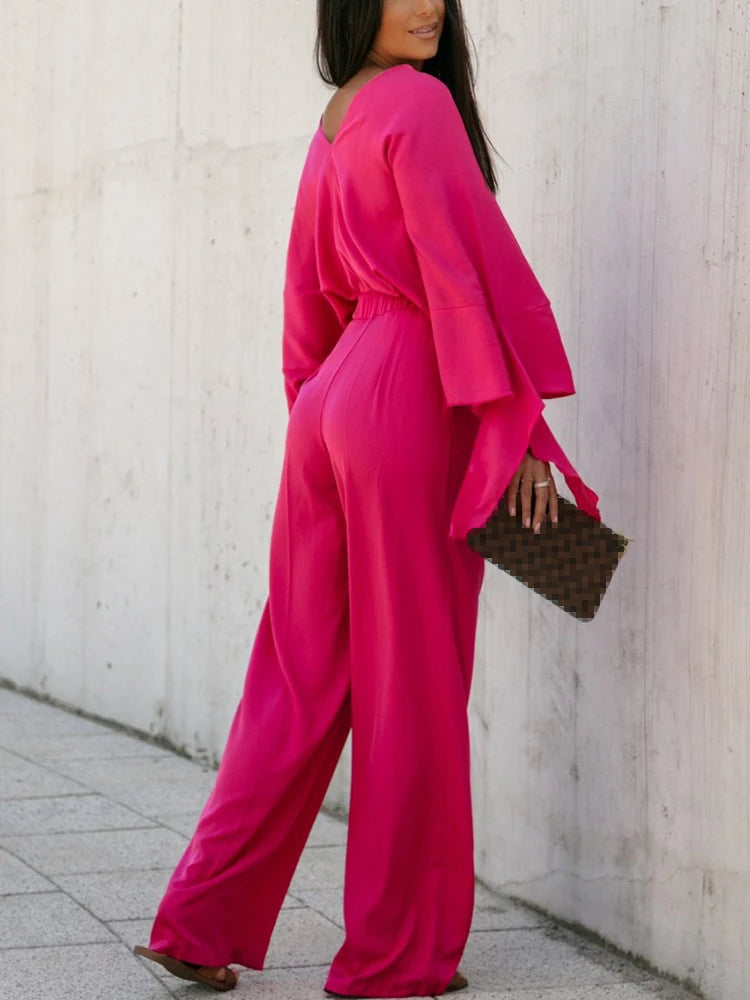 Long Sleeve Lace-Up V-Neck Top and High Waist Pants Suit