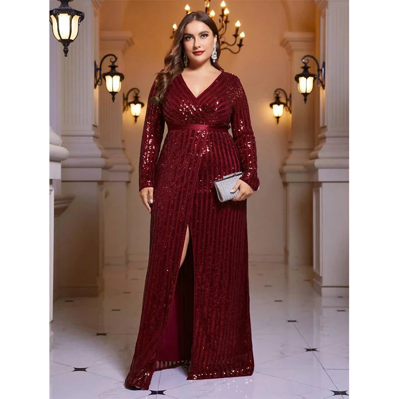 V-Neck Striped Sequined Long-Sleeved Slit Evening Dress