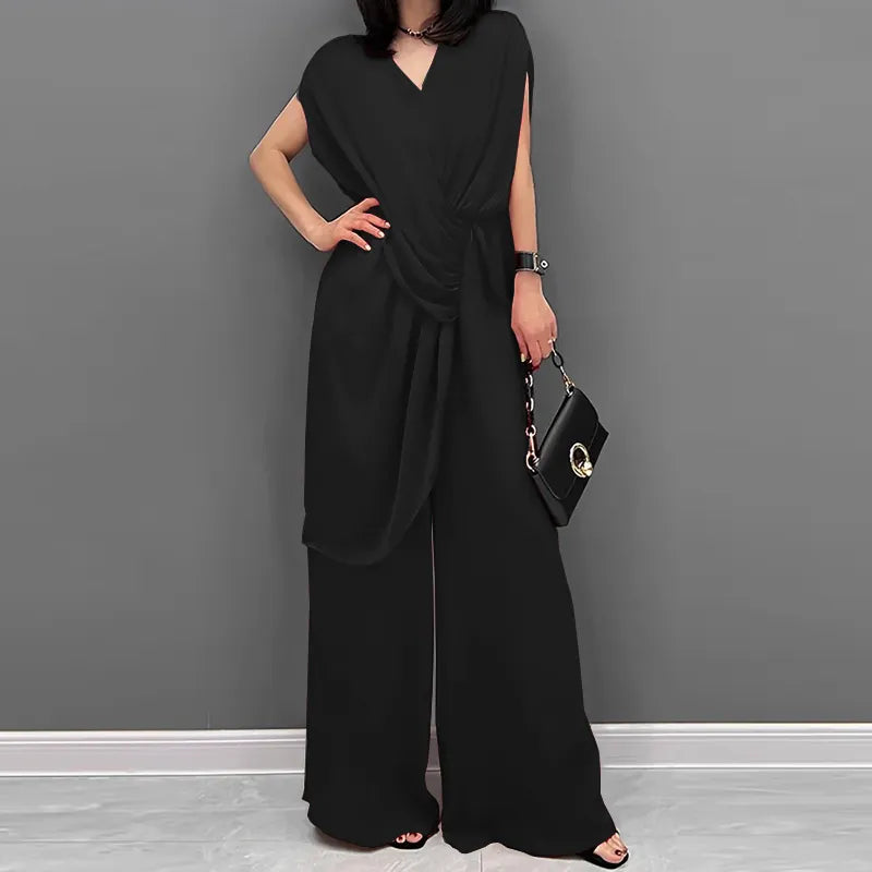 V Neck Elegant Loose Wide Leg Elastic Waist Jumpsuit