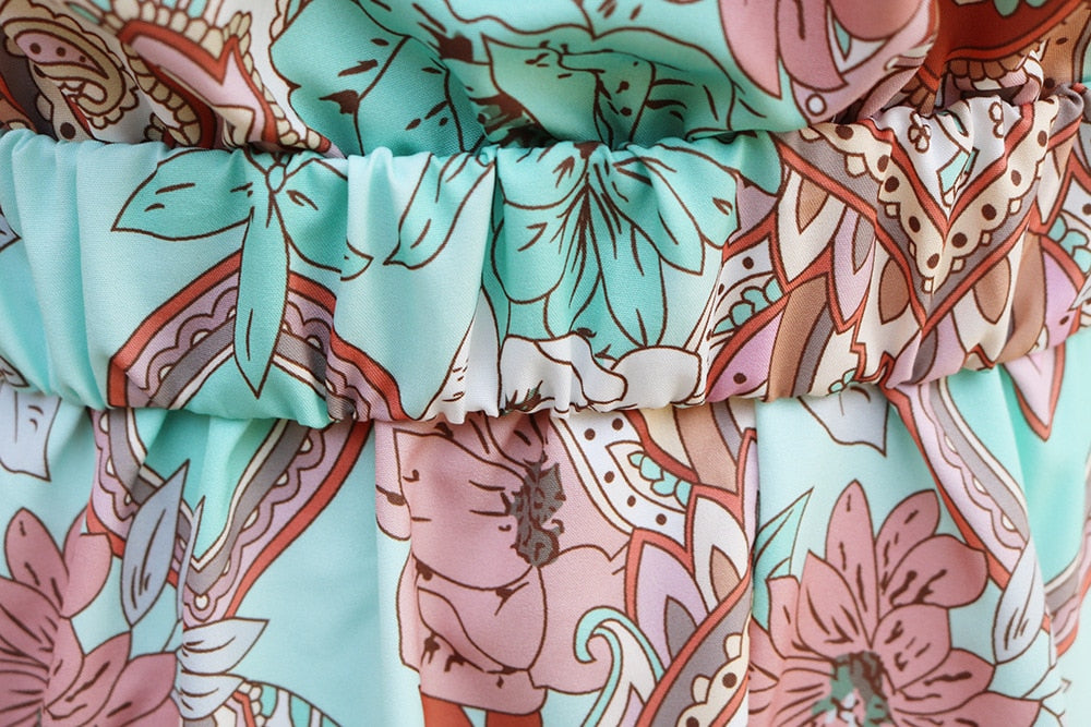 Boho Floral Print Deep V-Neck Maxi Dress with Belt