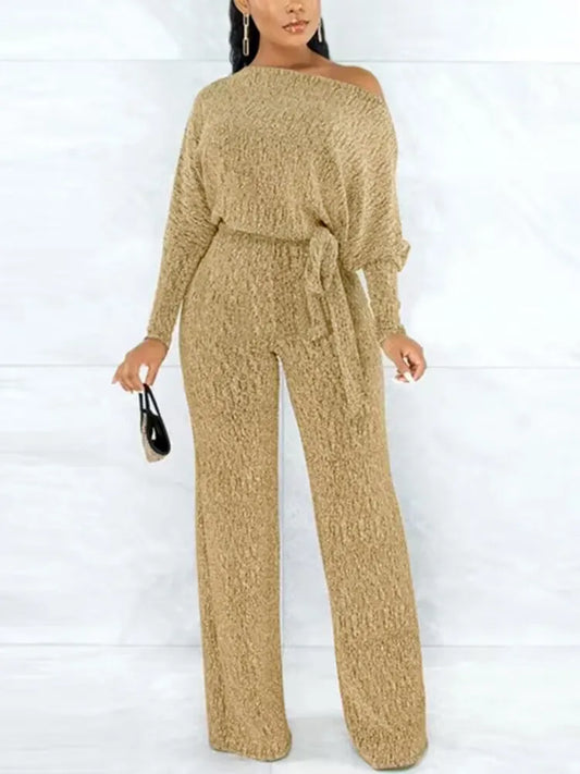 Long Sleeve High Waist With Belt  Loose Wide Leg Jumpsuit