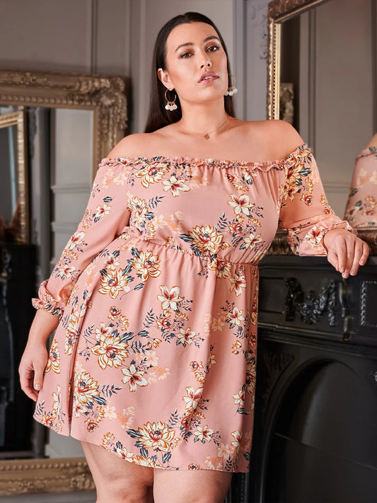 Floral Print Flounce Sleeve Frill Trim Dress